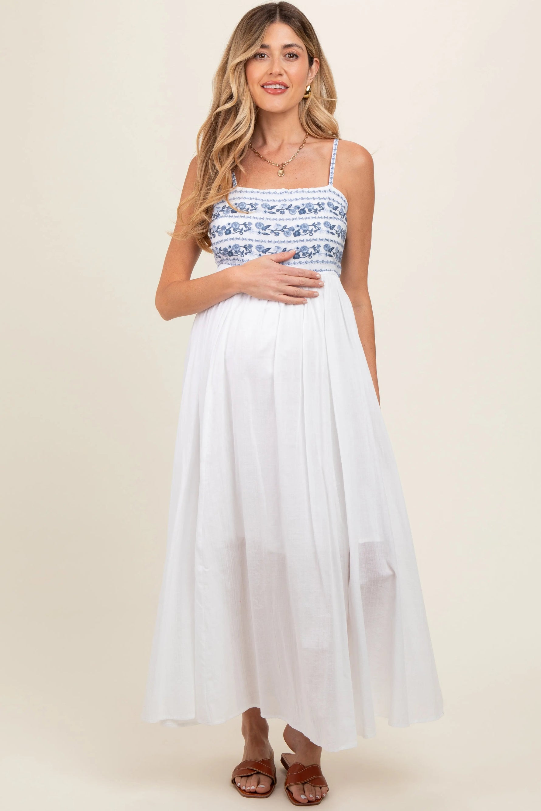 Navy Blue Floral Lace-Up Back Maternity Maxi Dress