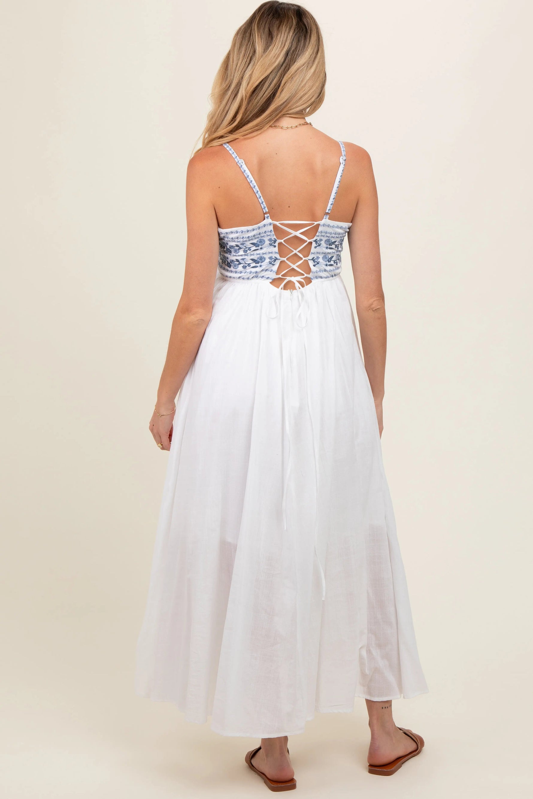 PinkBlush Navy Blue Floral Embroidered Lace - Up Back Maternity Maxi Dress - 