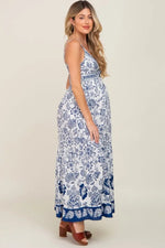 PinkBlush Navy Blue Floral Front Twist Maternity Maxi Dress - 