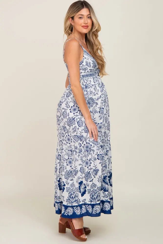 PinkBlush Navy Blue Floral Front Twist Maternity Maxi Dress - 