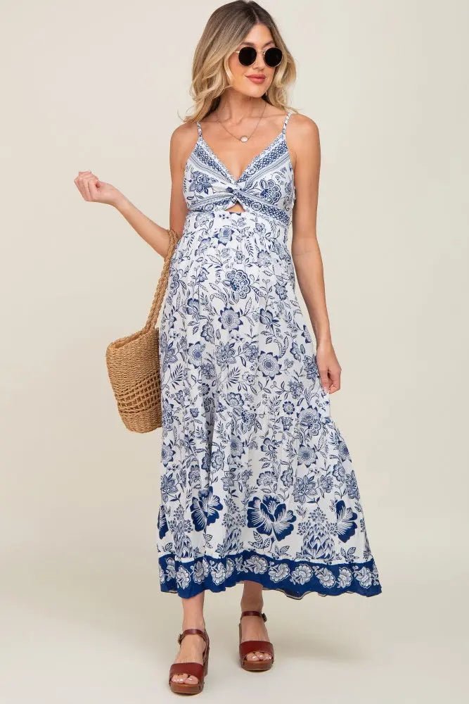 Navy Blue Floral Front Twist Maternity Maxi Dress - Textile, Fashion, Dress, Day Dress, One-piece garment | Everetts Place