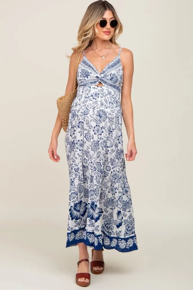 PinkBlush Navy Blue Floral Front Twist Maternity Maxi Dress - 
