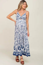 PinkBlush Navy Blue Floral Front Twist Maternity Maxi Dress - 