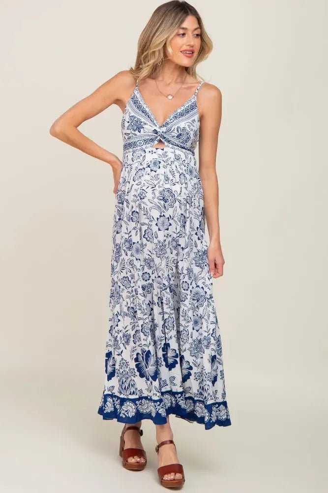 PinkBlush Navy Blue Floral Front Twist Maternity Maxi Dress - 