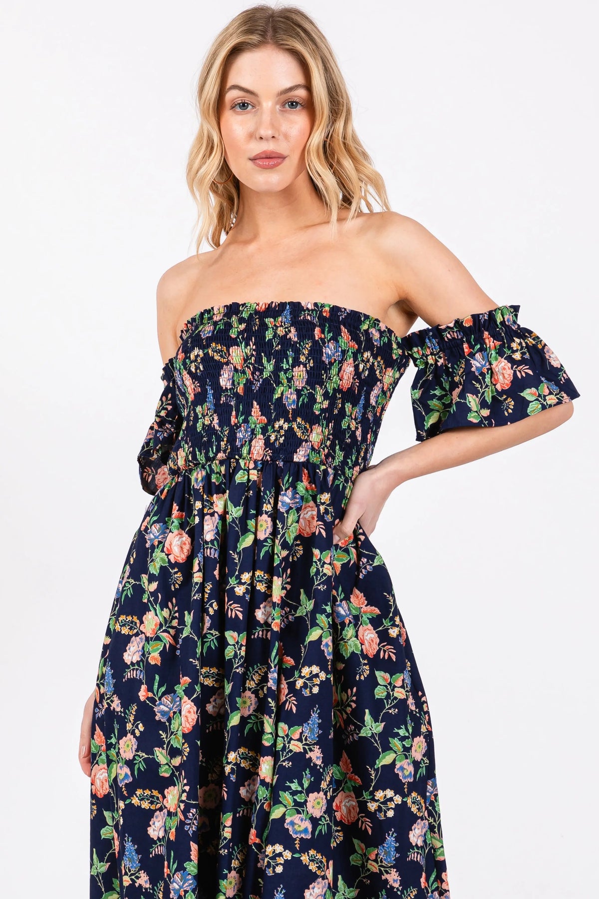 PinkBlush Navy Blue Floral Off Shoulder Dress - 