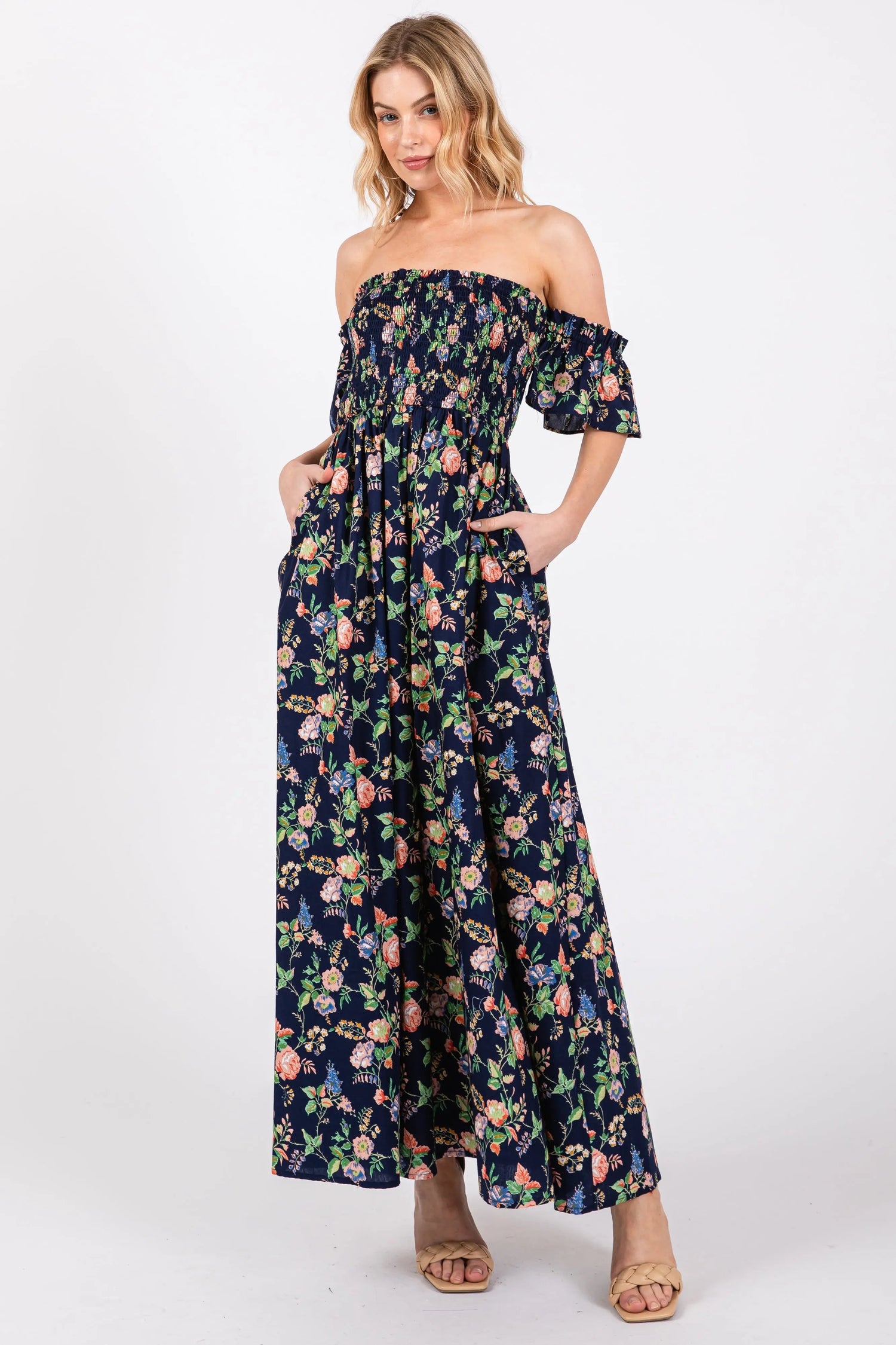 Navy Blue Floral Off Shoulder Dress - Day Dress, One-piece garment, Person, Shoe, Dress | Everetts Place