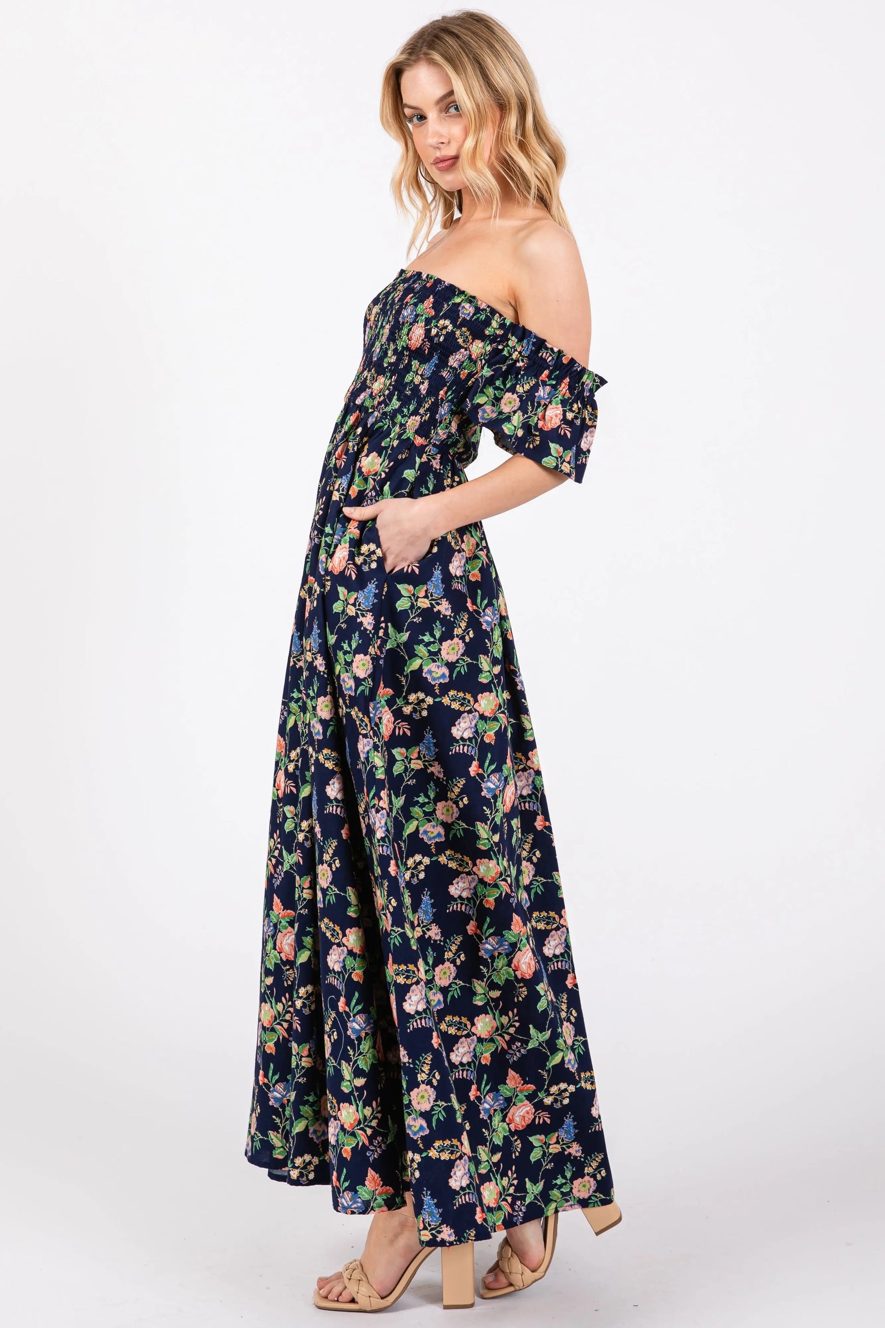 PinkBlush Navy Blue Floral Off Shoulder Dress - 