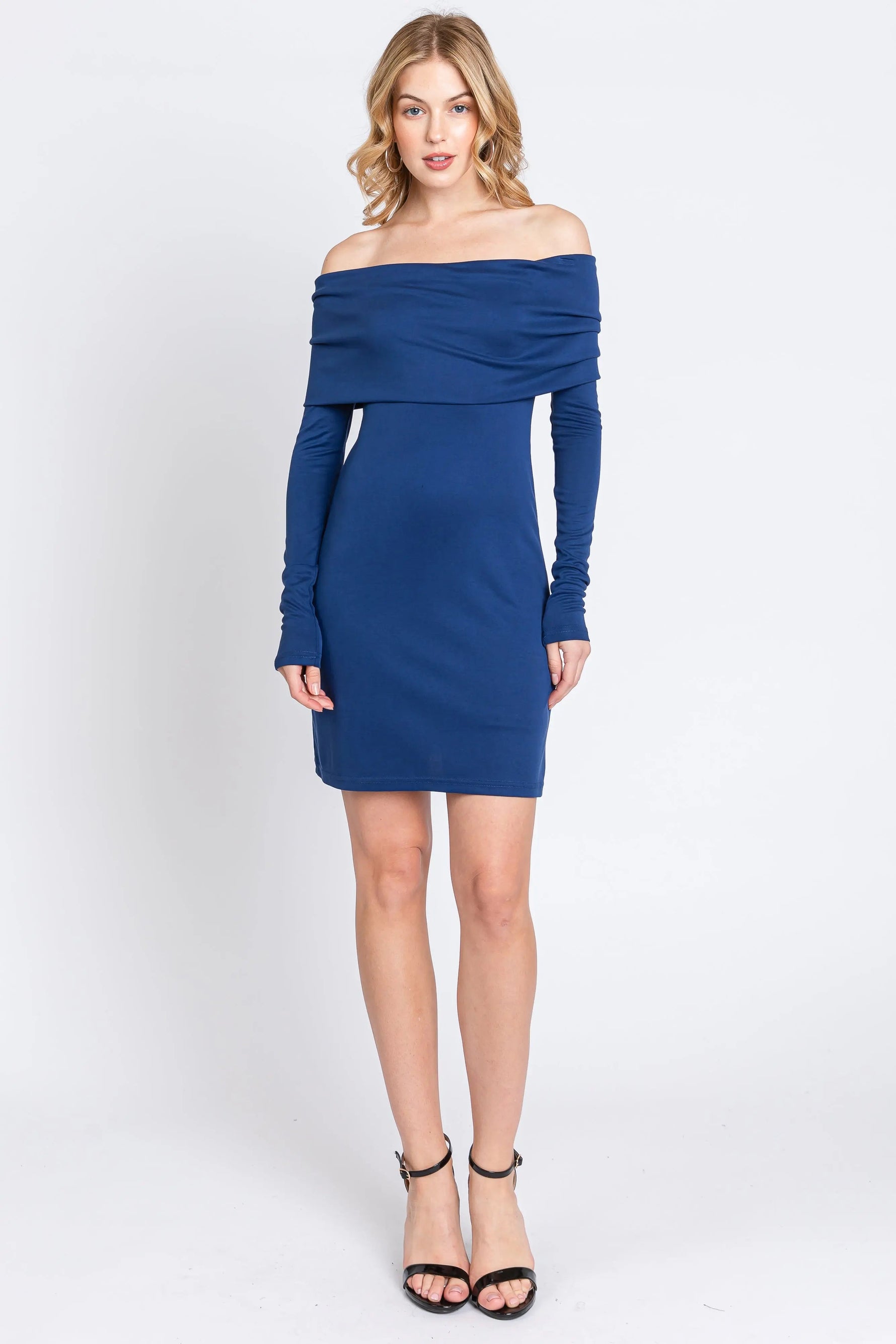 PinkBlush Navy Blue Foldover Off Shoulder Long Sleeve Dress - 