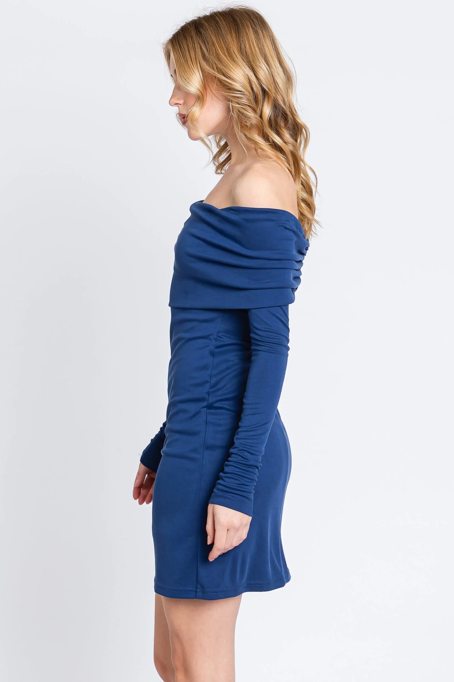 PinkBlush Navy Blue Foldover Off Shoulder Long Sleeve Dress - 
