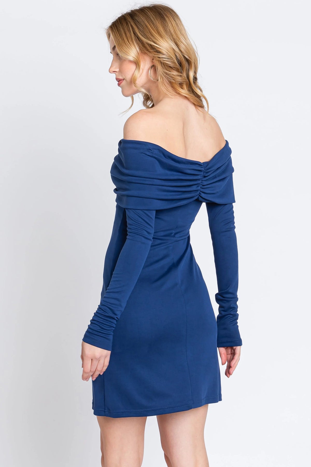 PinkBlush Navy Blue Foldover Off Shoulder Long Sleeve Dress - 
