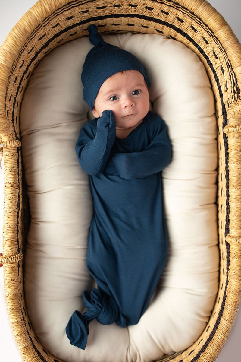 Three Little Tots Navy Blue Knotted Newborn Baby Gown - 