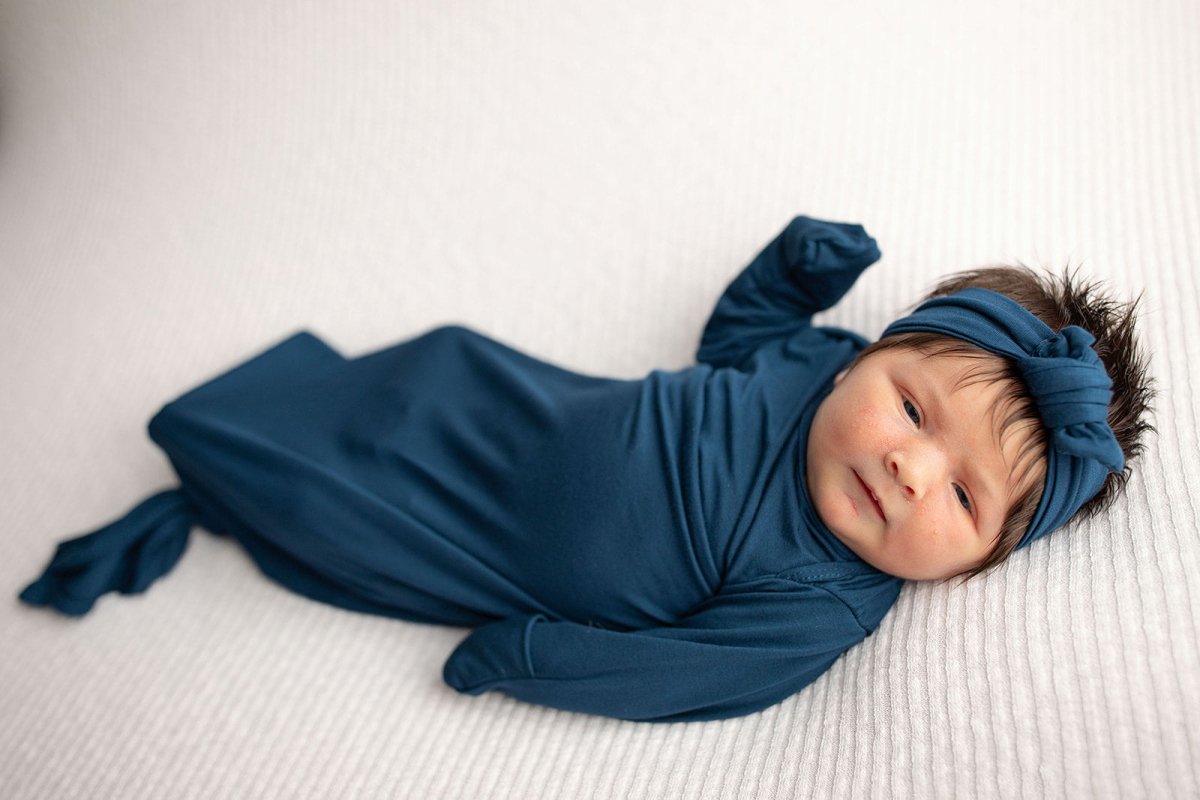 Three Little Tots Navy Blue Knotted Newborn Baby Gown - 