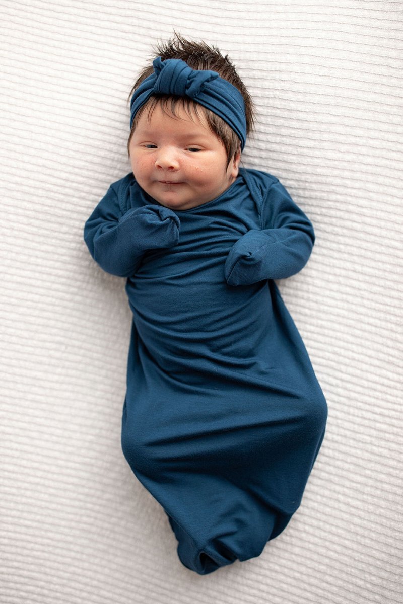 Three Little Tots Navy Blue Knotted Newborn Baby Gown - 