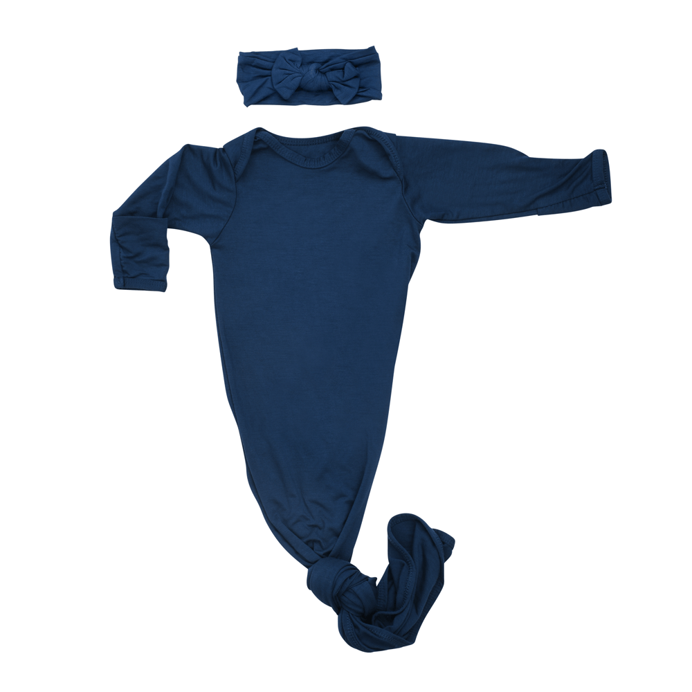 Three Little Tots Navy Blue Knotted Newborn Baby Gown - 