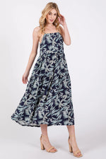 PinkBlush Navy Blue Leaf Print Square Neck Tiered Midi Dress - 