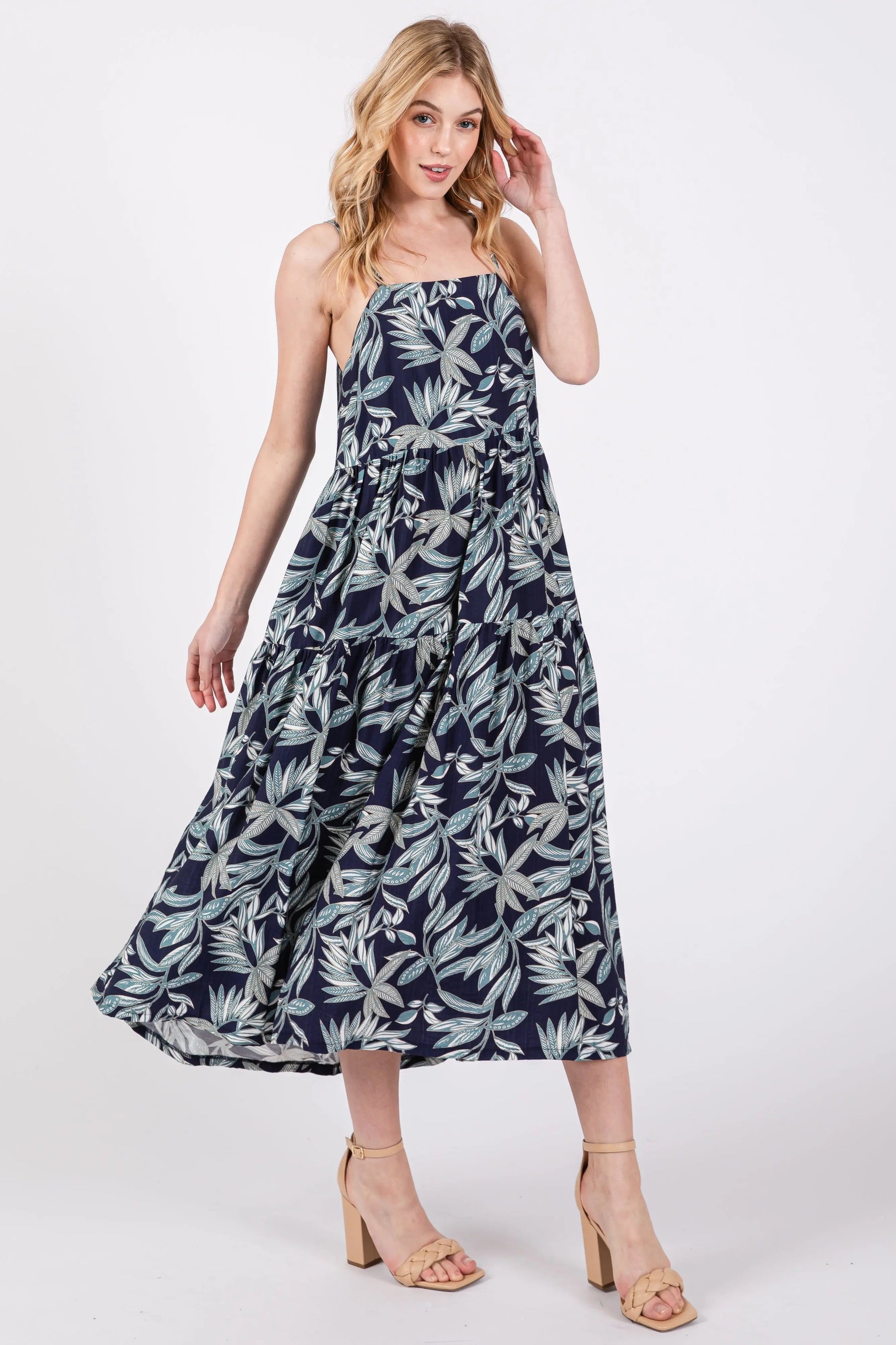 PinkBlush Navy Blue Leaf Print Square Neck Tiered Midi Dress - 
