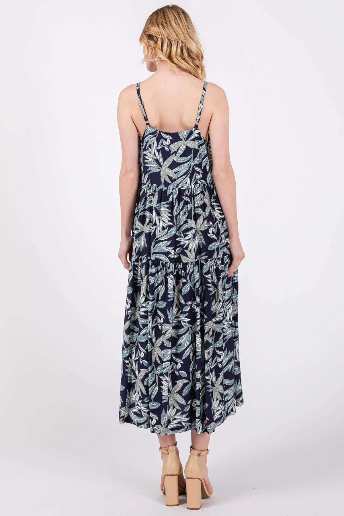 PinkBlush Navy Blue Leaf Print Square Neck Tiered Midi Dress - 