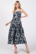 PinkBlush Navy Blue Leaf Print Square Neck Tiered Midi Dress - 