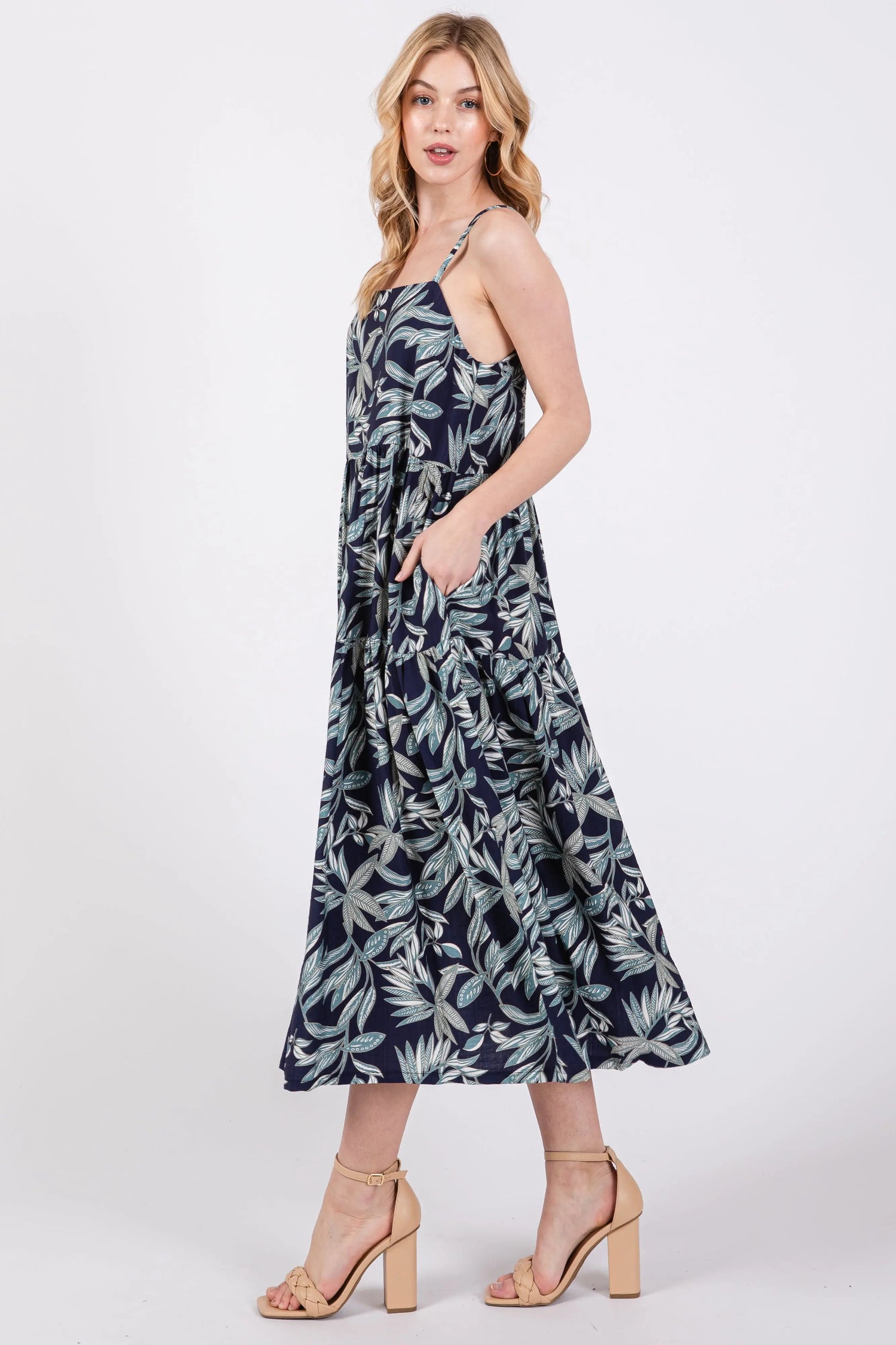 PinkBlush Navy Blue Leaf Print Square Neck Tiered Midi Dress - 