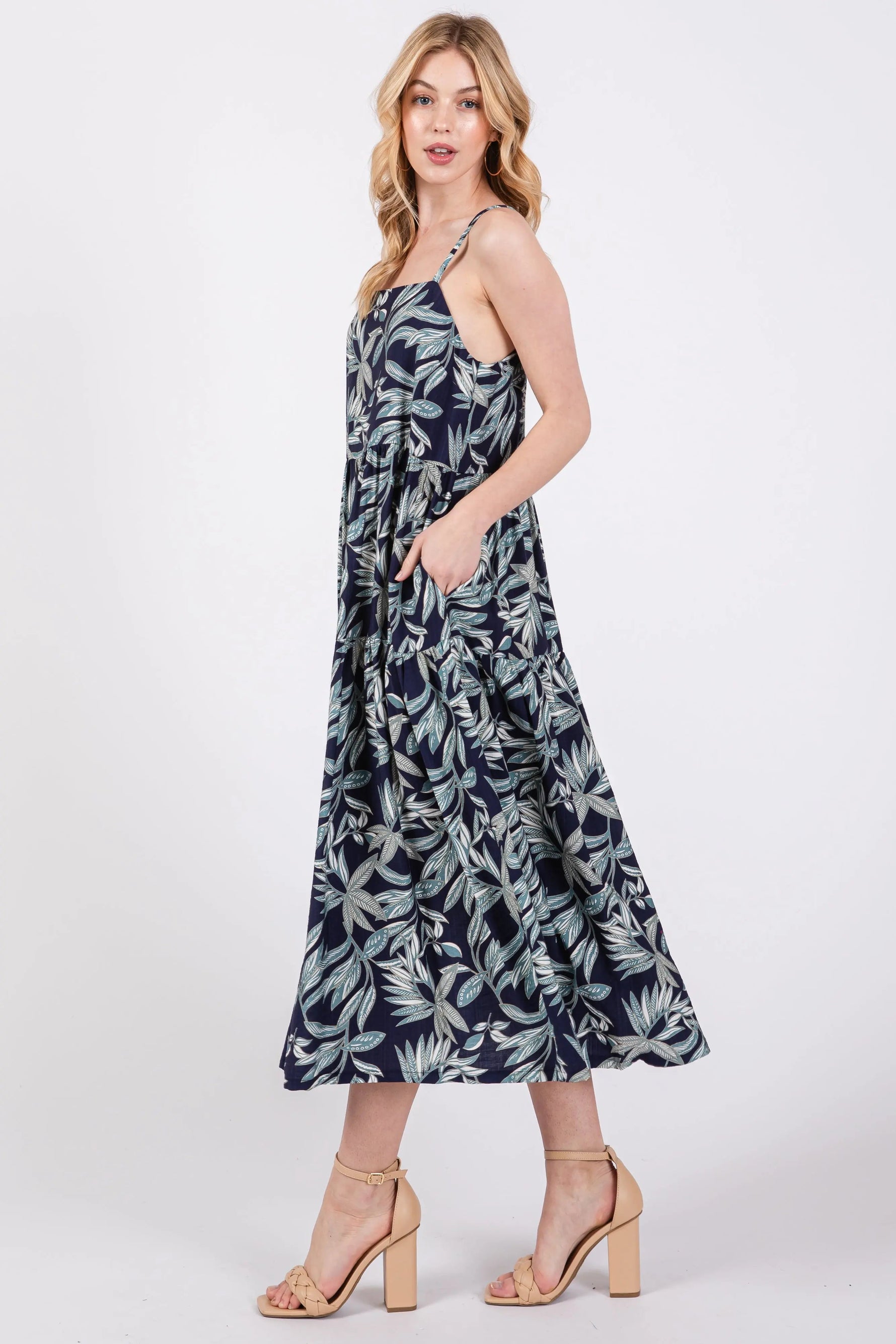 PinkBlush Navy Blue Leaf Print Square Neck Tiered Midi Dress - 