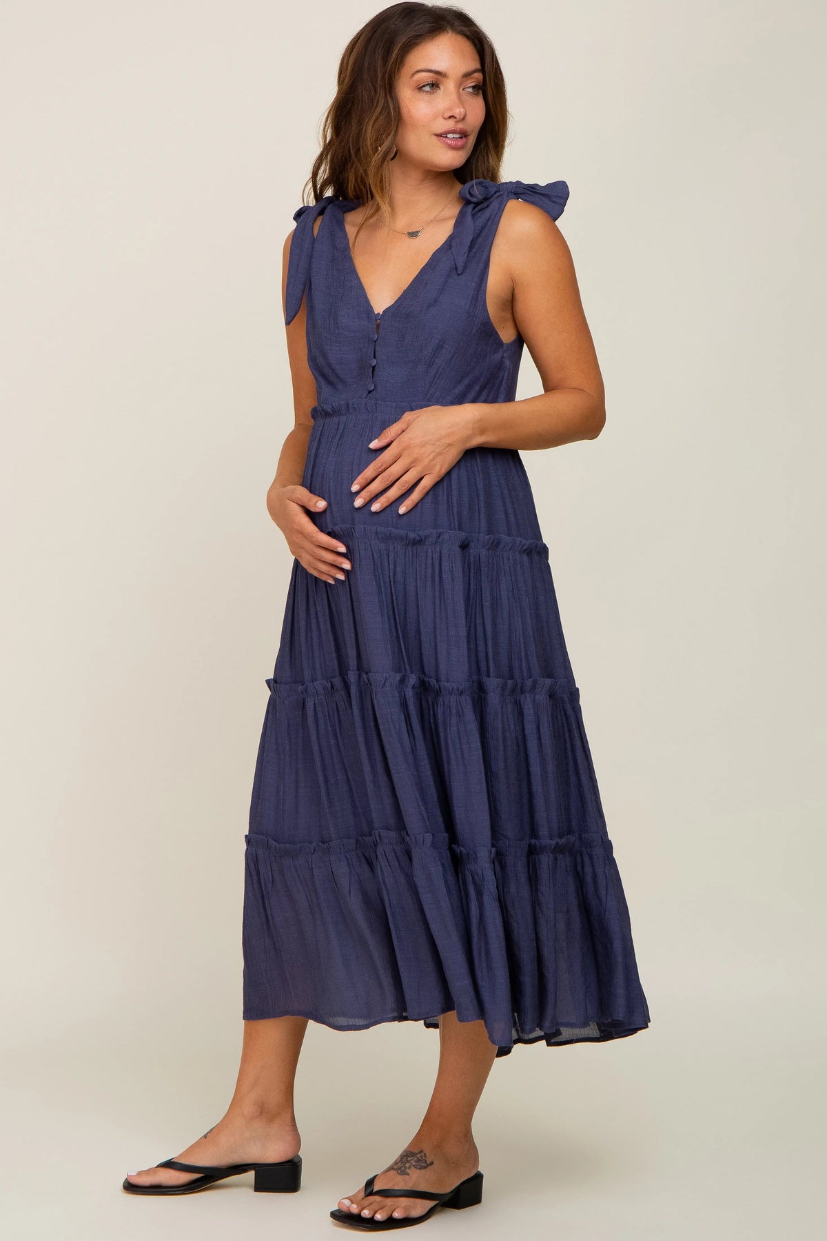 PinkBlush Navy Blue Linen Button Front Shoulder Tie Tiered Maternity Midi Dress - 
