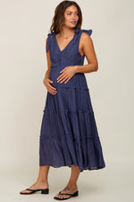 PinkBlush Navy Blue Linen Button Front Shoulder Tie Tiered Maternity Midi Dress - 