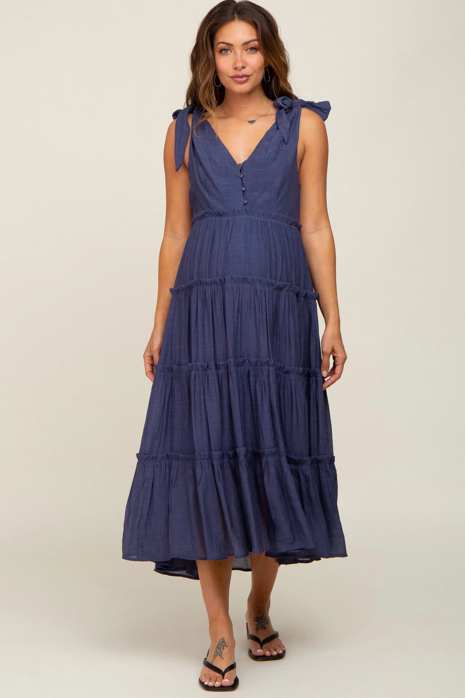 PinkBlush Navy Blue Linen Button Front Shoulder Tie Tiered Maternity Midi Dress - 