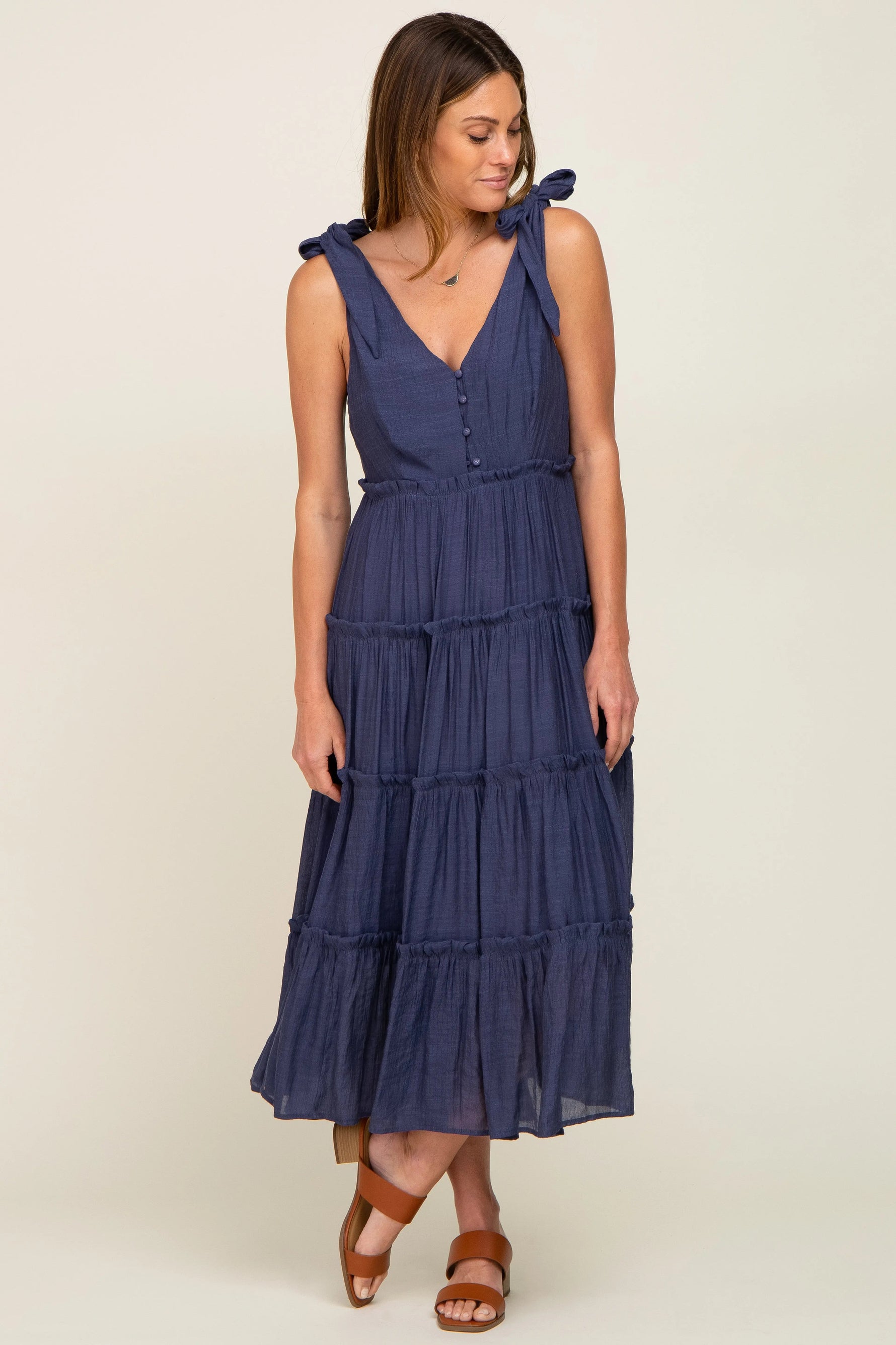 PinkBlush Navy Blue Linen Button Front Shoulder Tie Tiered Maternity Midi Dress - 