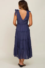 PinkBlush Navy Blue Linen Button Front Shoulder Tie Tiered Maternity Midi Dress - 
