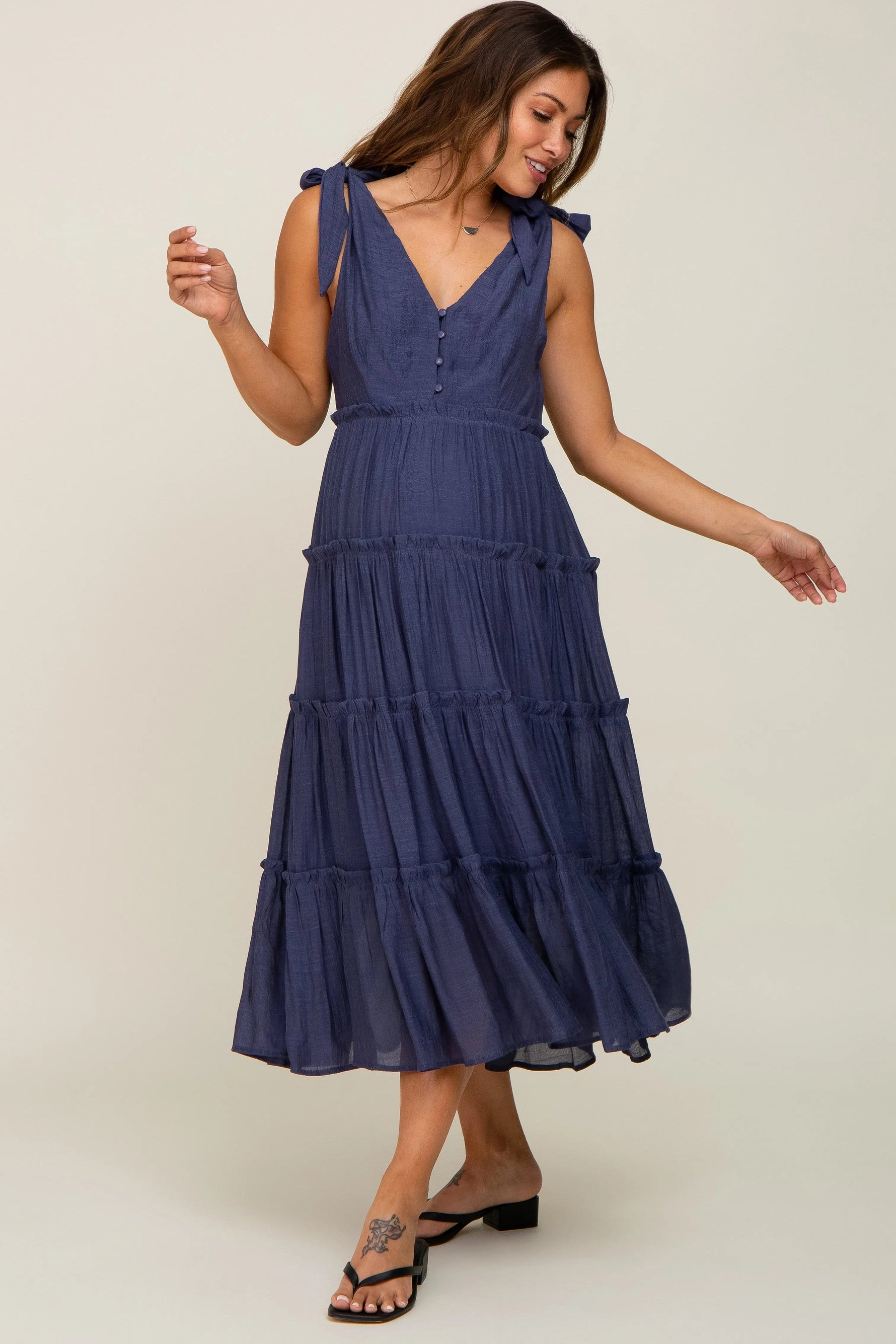 Navy Blue Linen Button Front Shoulder Tie Tiered Maternity Midi Dress - Day Dress, One-piece garment, Waist, Cocktail dress, Ruffle | Everetts Place
