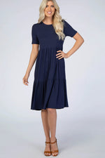 Navy Blue Ribbed Tiered Dress - Sleeve, Day Dress, One-piece garment, Collar, Smile | Everetts Place
