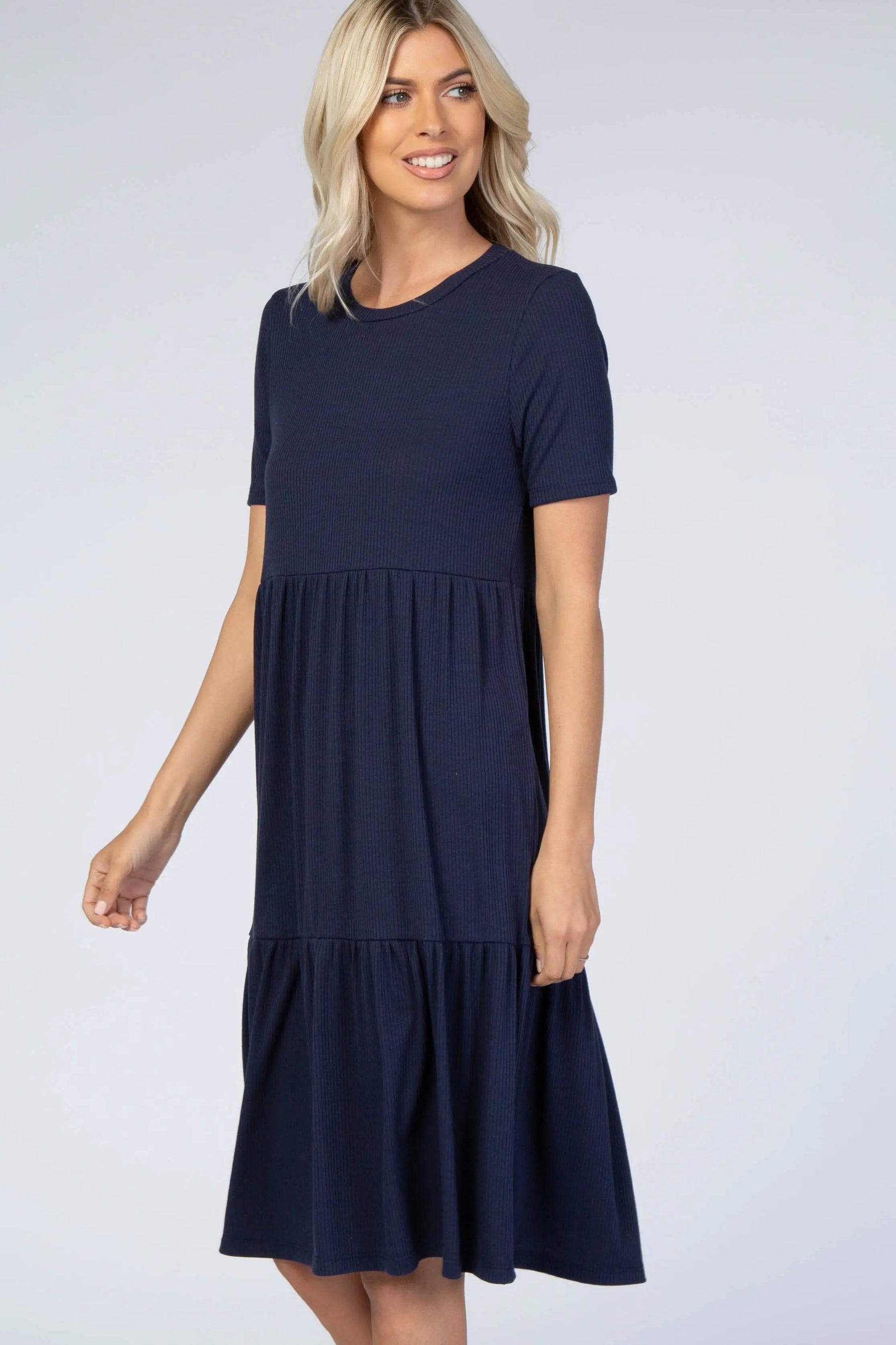 PinkBlush Navy Blue Ribbed Tiered Dress - 