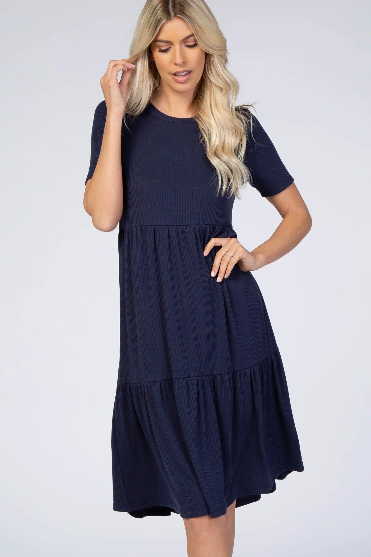 PinkBlush Navy Blue Ribbed Tiered Dress - 