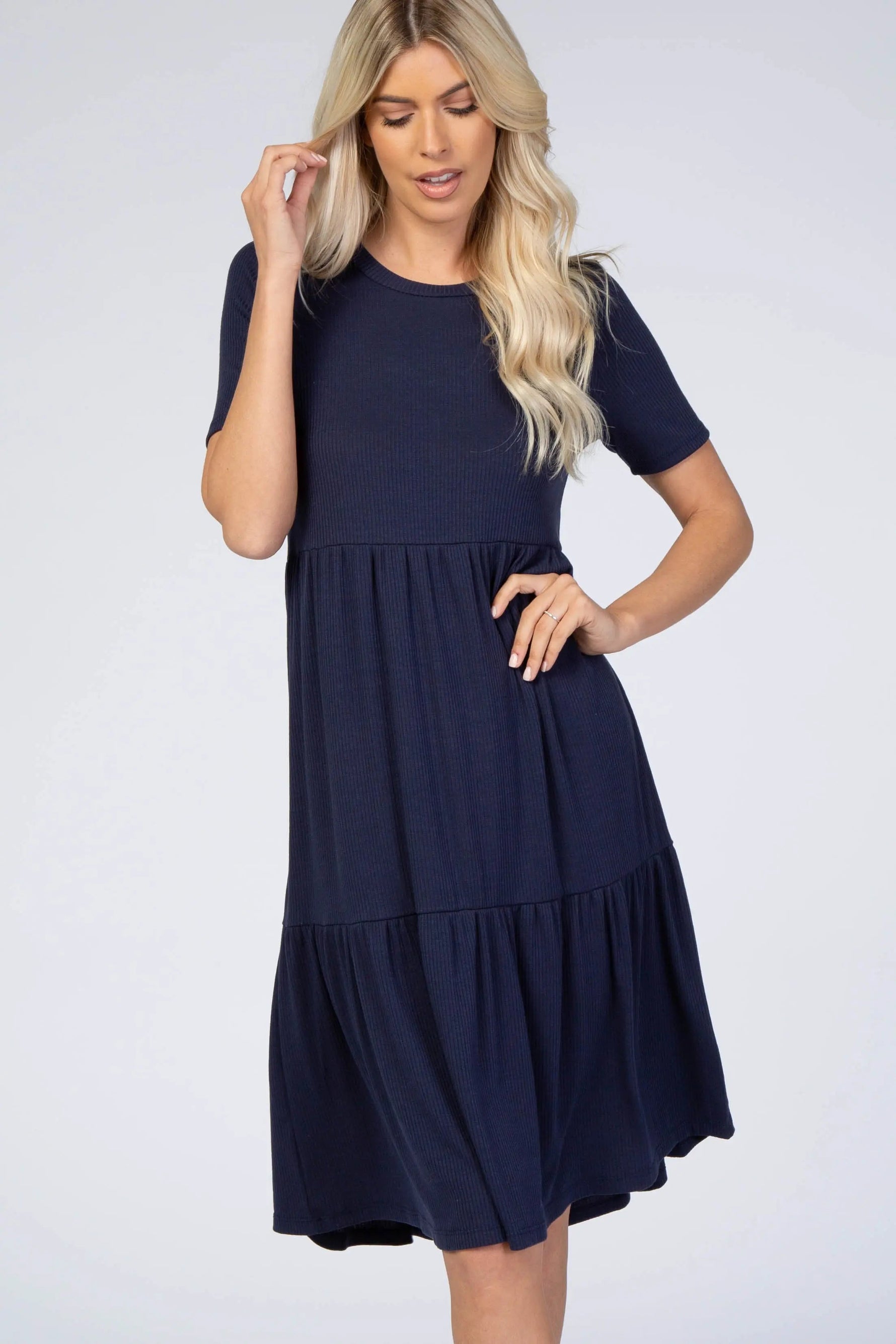 PinkBlush Navy Blue Ribbed Tiered Dress - 
