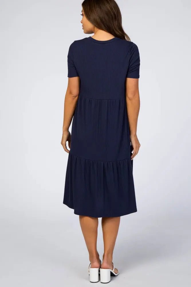 PinkBlush Navy Blue Ribbed Tiered Maternity Dress - 