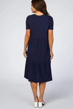 PinkBlush Navy Blue Ribbed Tiered Maternity Dress - 