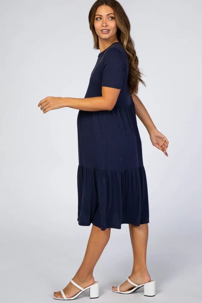 PinkBlush Navy Blue Ribbed Tiered Maternity Dress - 