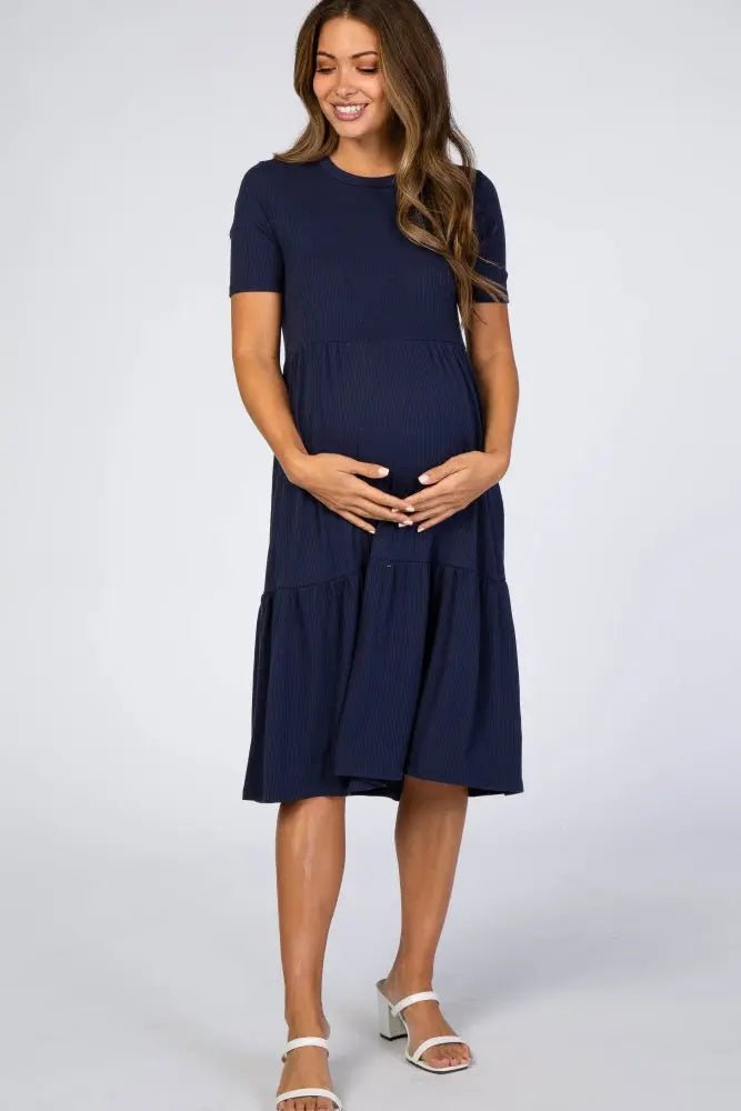 Navy Blue Ribbed Tiered Maternity Dress - Day Dress, One-piece garment, Cocktail dress, Dress, Shoe | Everetts Place
