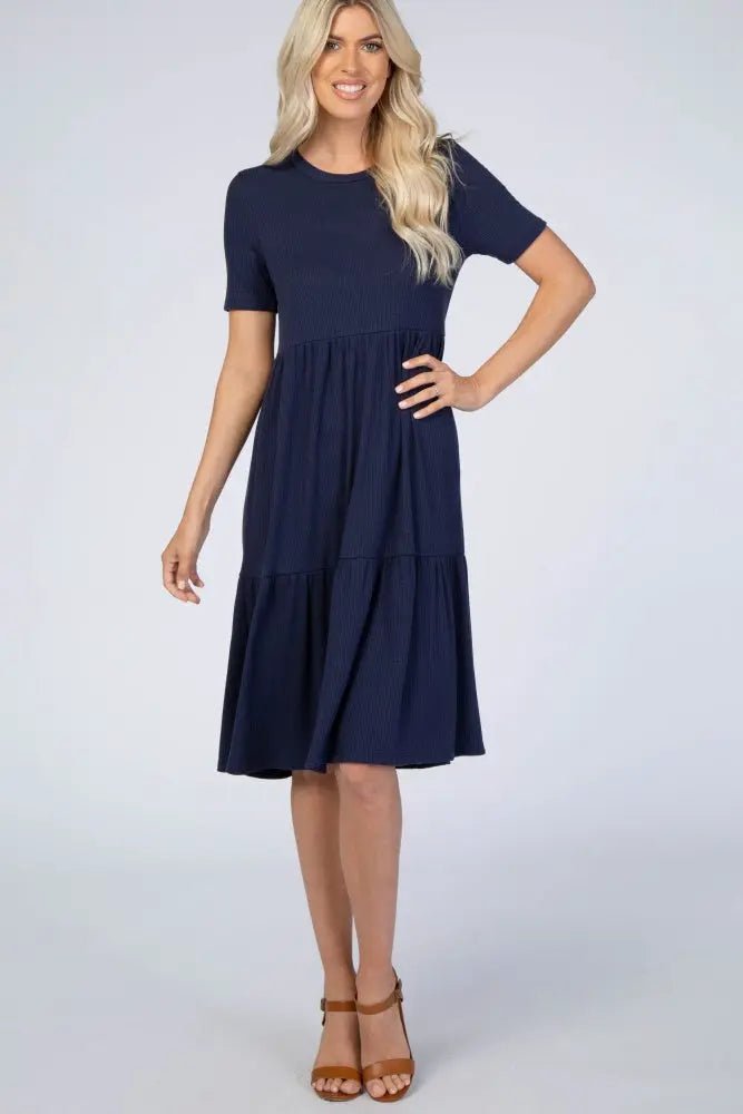 PinkBlush Navy Blue Ribbed Tiered Maternity Dress - 