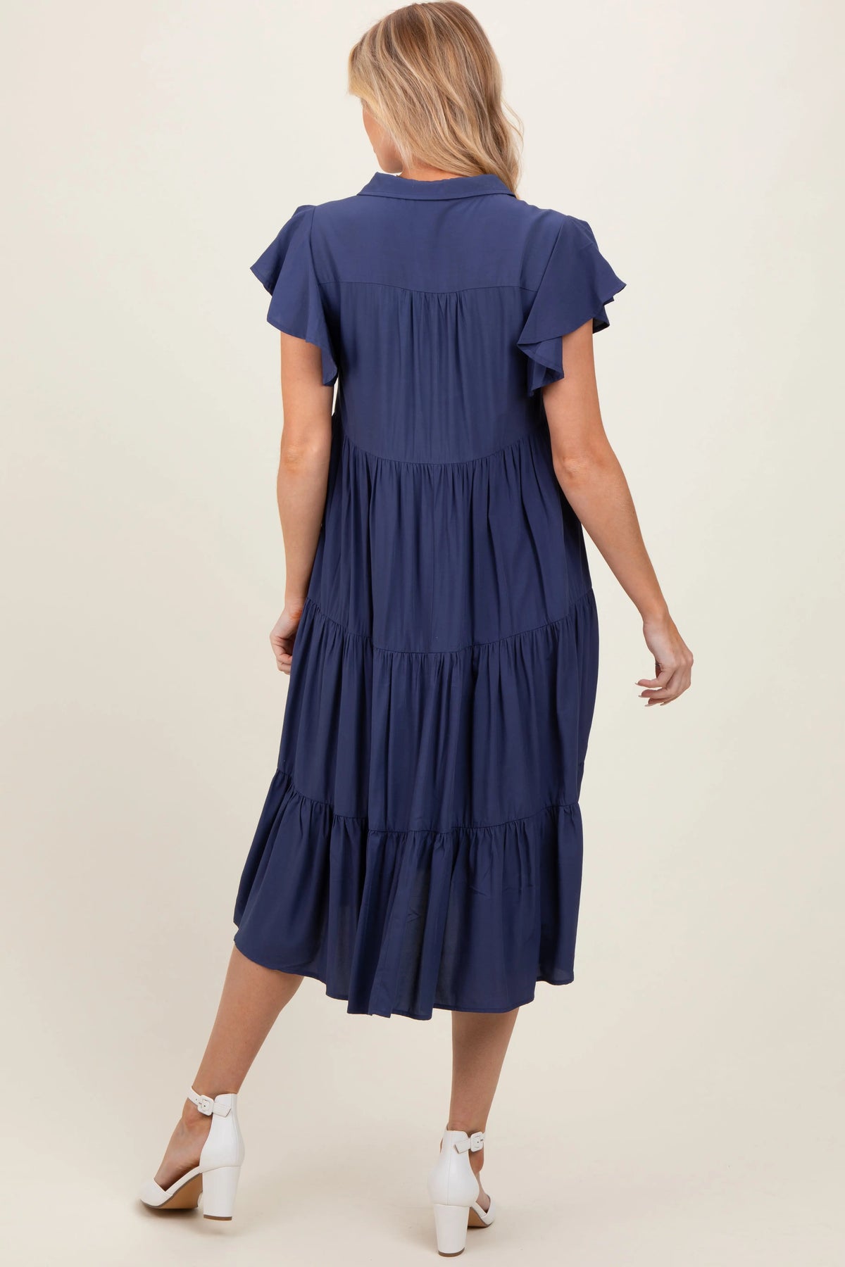 PinkBlush Navy Blue Ruffle Sleeve V - Neck Tiered Maternity Midi Dress - 