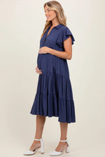 PinkBlush Navy Blue Ruffle Sleeve V - Neck Tiered Maternity Midi Dress - 