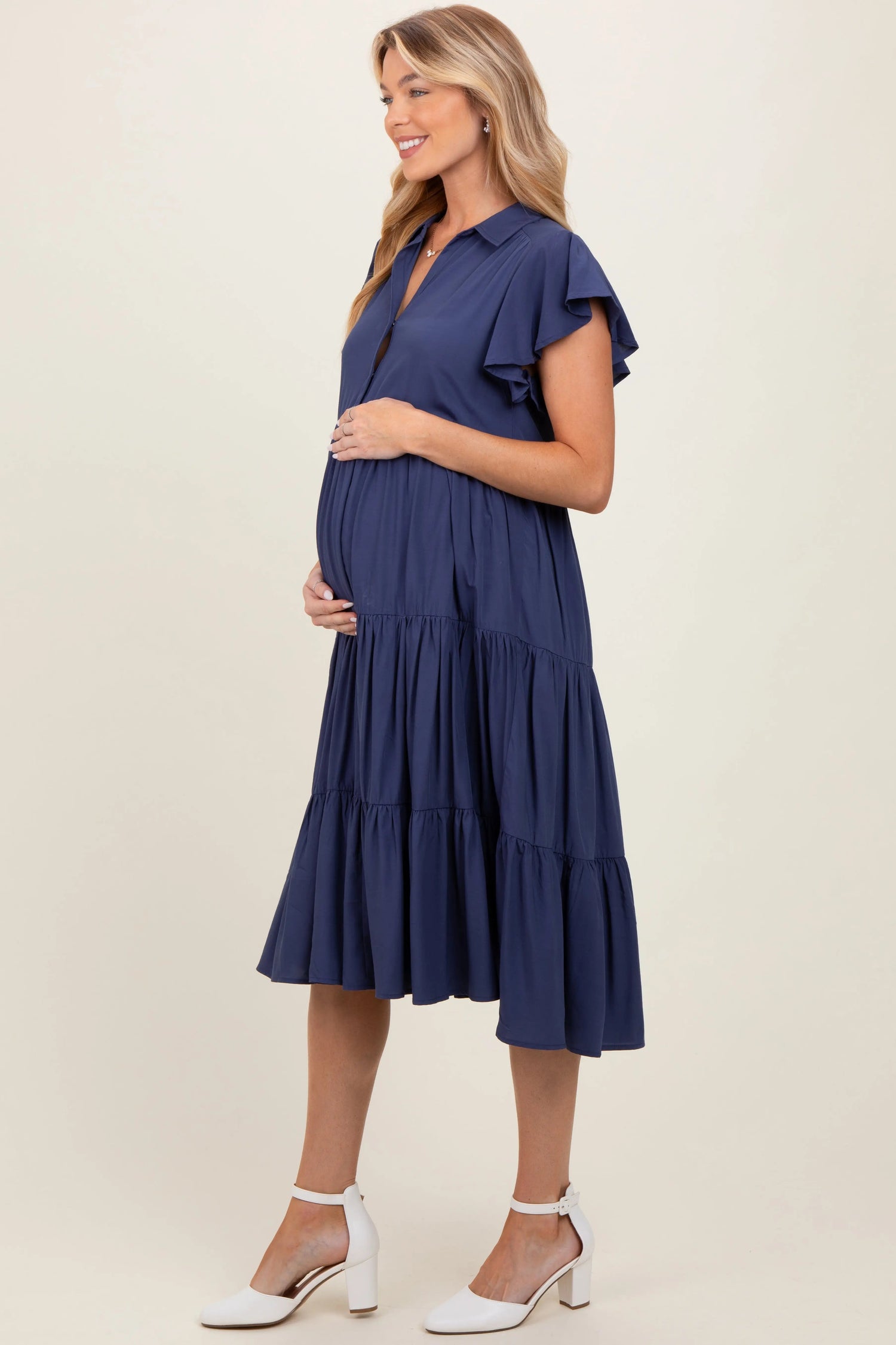 PinkBlush Navy Blue Ruffle Sleeve V - Neck Tiered Maternity Midi Dress - 