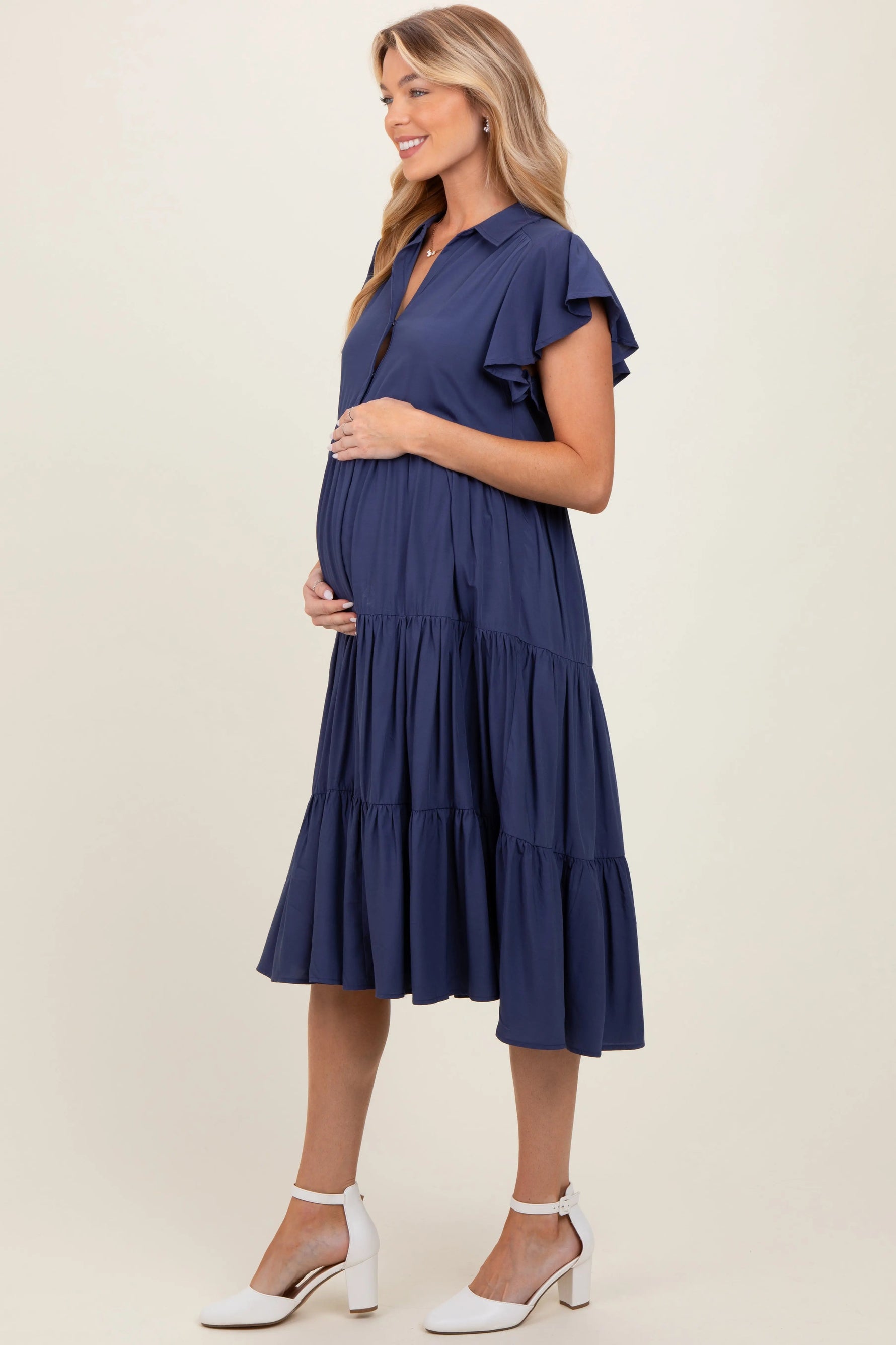 PinkBlush Navy Blue Ruffle Sleeve V - Neck Tiered Maternity Midi Dress - 