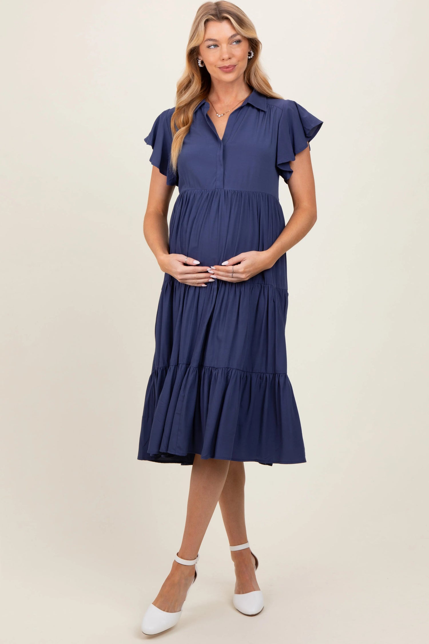 PinkBlush Navy Blue Ruffle Sleeve V - Neck Tiered Maternity Midi Dress - 
