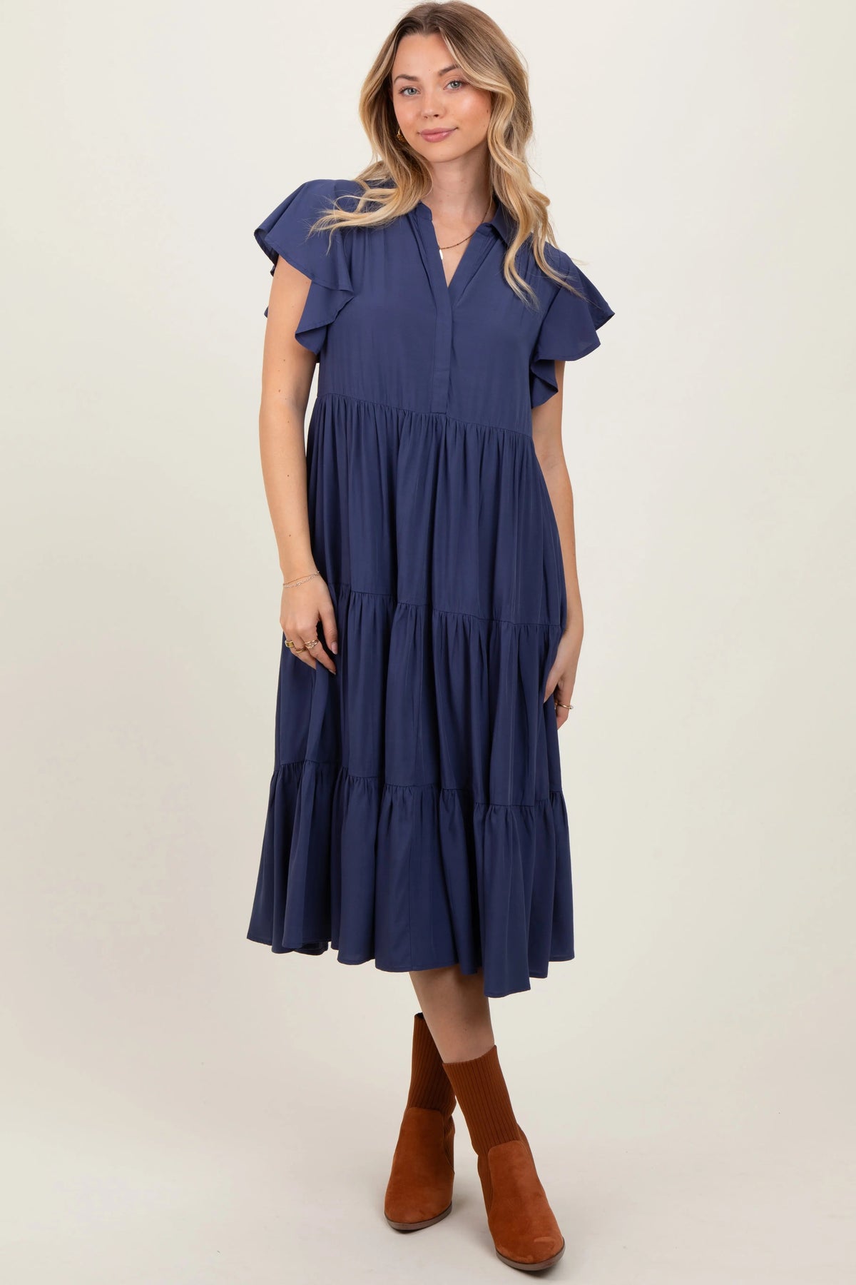 PinkBlush Navy Blue Ruffle Sleeve V - Neck Tiered Maternity Midi Dress - 