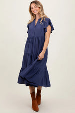 PinkBlush Navy Blue Ruffle Sleeve V - Neck Tiered Midi Dress - 