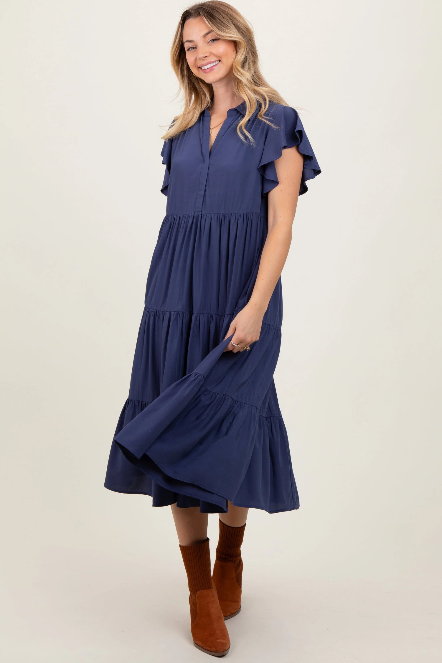 PinkBlush Navy Blue Ruffle Sleeve V - Neck Tiered Midi Dress - 