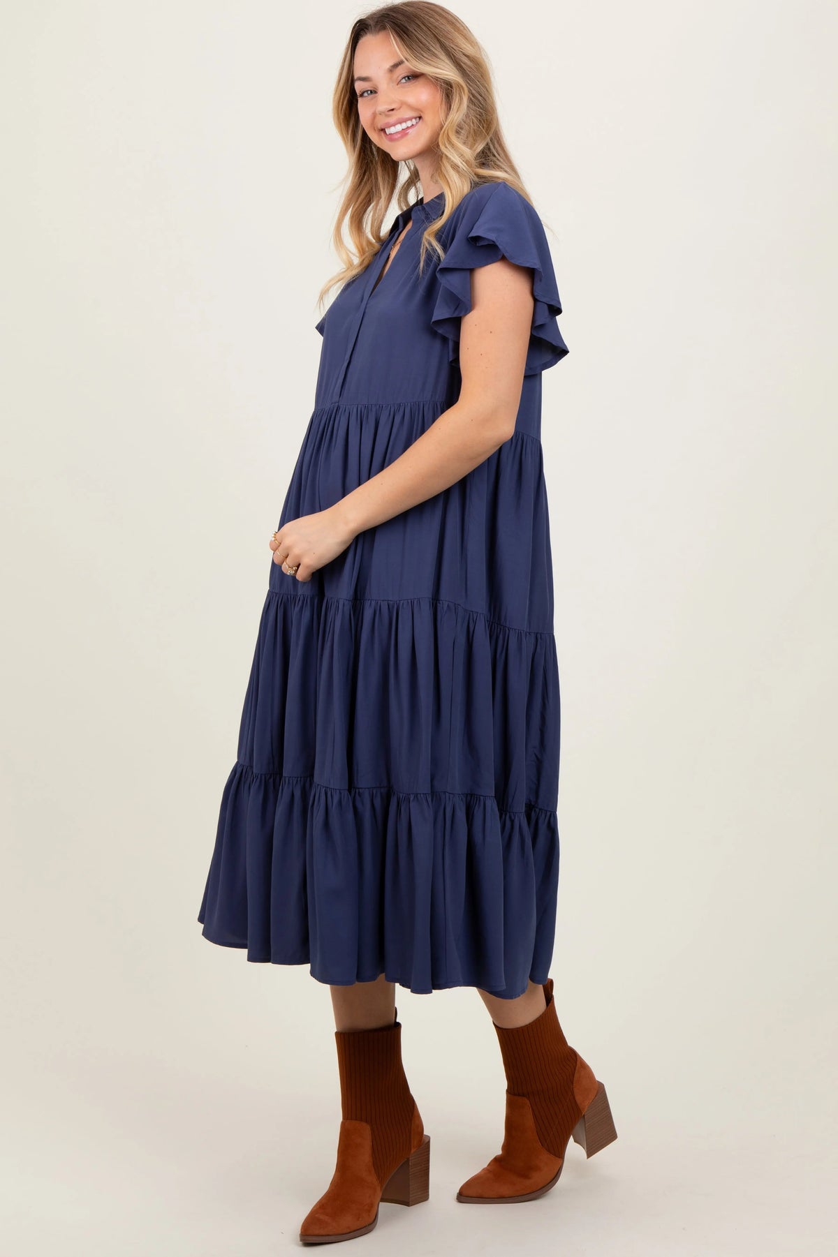 PinkBlush Navy Blue Ruffle Sleeve V - Neck Tiered Midi Dress - 