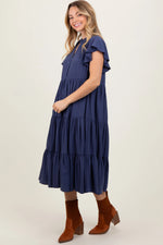 PinkBlush Navy Blue Ruffle Sleeve V - Neck Tiered Midi Dress - 