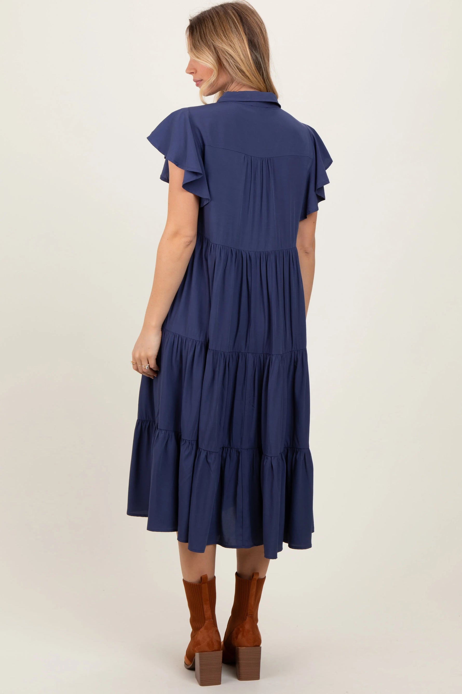 PinkBlush Navy Blue Ruffle Sleeve V - Neck Tiered Midi Dress - 